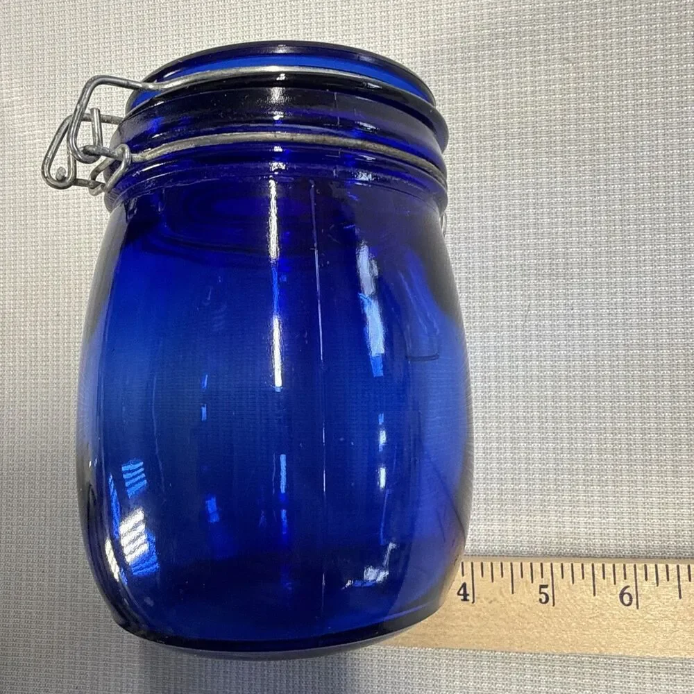 RARE! Vintage Cobalt Blue Glass Storage Jar Wire Bale Gasket Lid 5.75